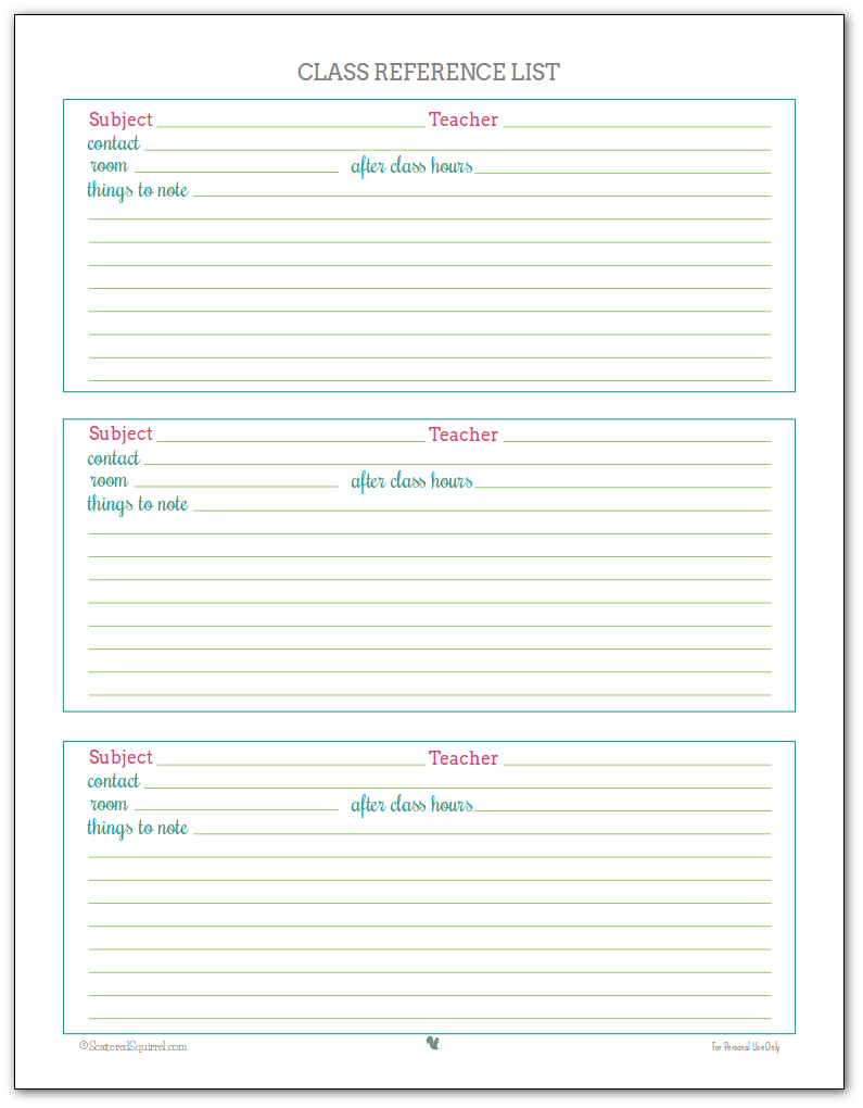 Class Reference Printable - Keep track of who your teacher is for each subject as well other information that might be important for each subject. Pink, Blue and Green colour Scheme.