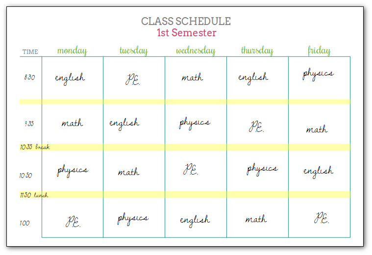 class schedule printable in action