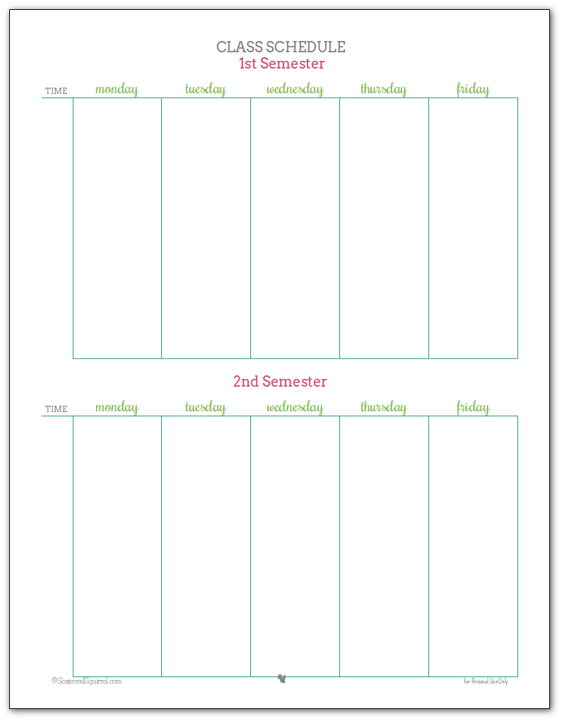 Class Schedule Printable - Pink, Blue and Green