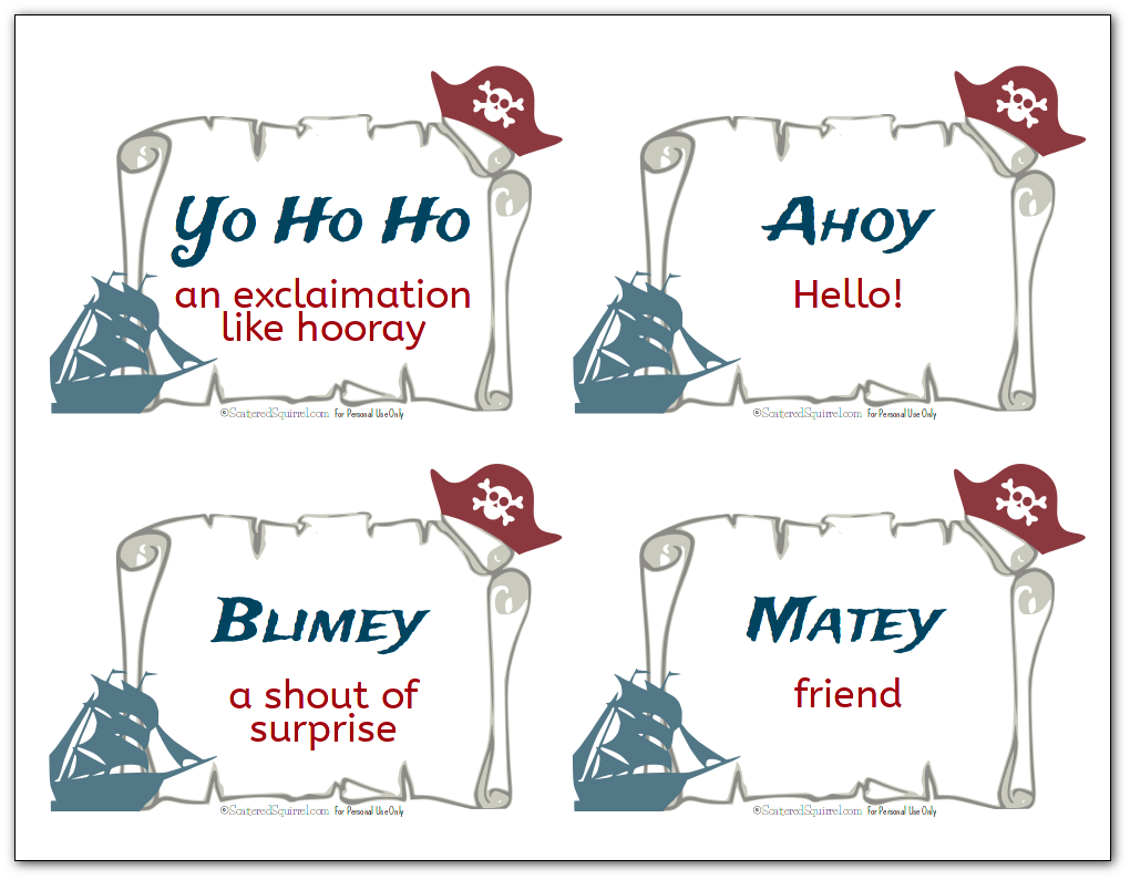 Free printable flash cards with various pirate terms like Yo Ho Ho and Ahoy, along with their definitions.