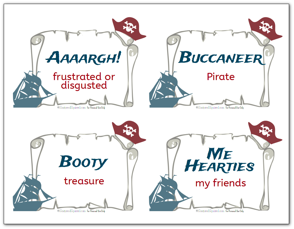 Free printable flash cards with various pirate terms like Aaaargh and Buccaneer, along with their definitions.