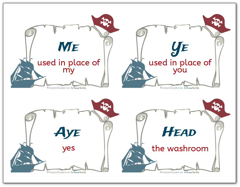 Free printable flash cards with various pirate terms like Ye and Aye, along with their definitions.