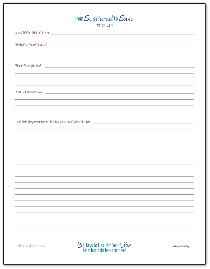 From Scattered to Sane - Work Sheet Number One - Choosing an Area of Focus to Start with