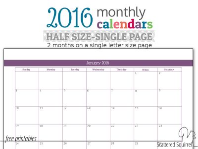 2016 monthly calendar, half-size months fit two months per letter size piece of paper.