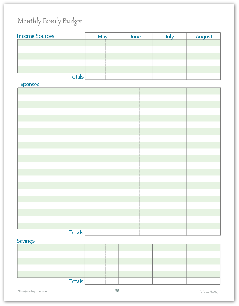 Monthly Family Budget Printables