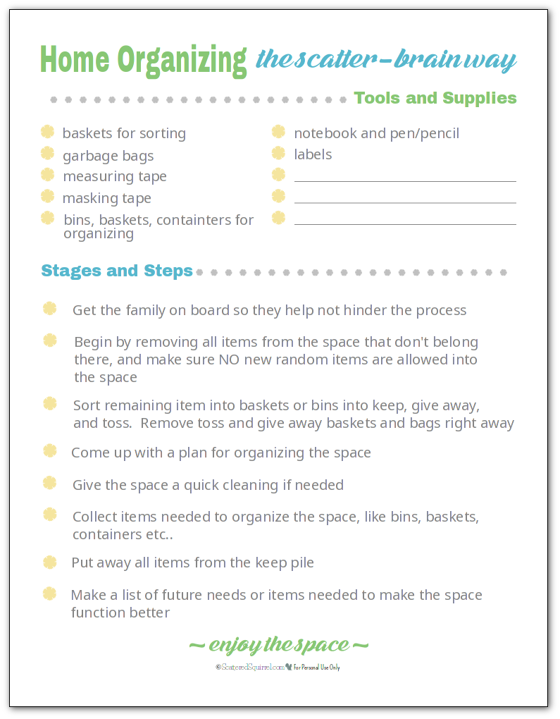 Easy home organizing steps so you can tackle a space step by step when you have time.