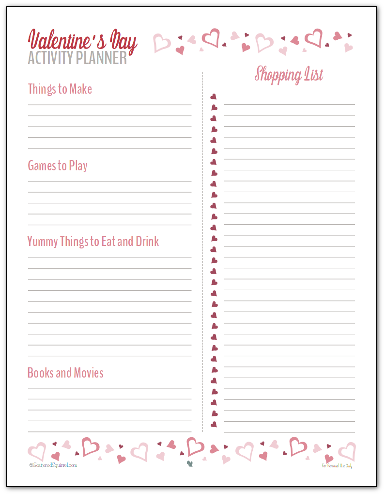 valentine's day activity planner. valentine's day planner printables