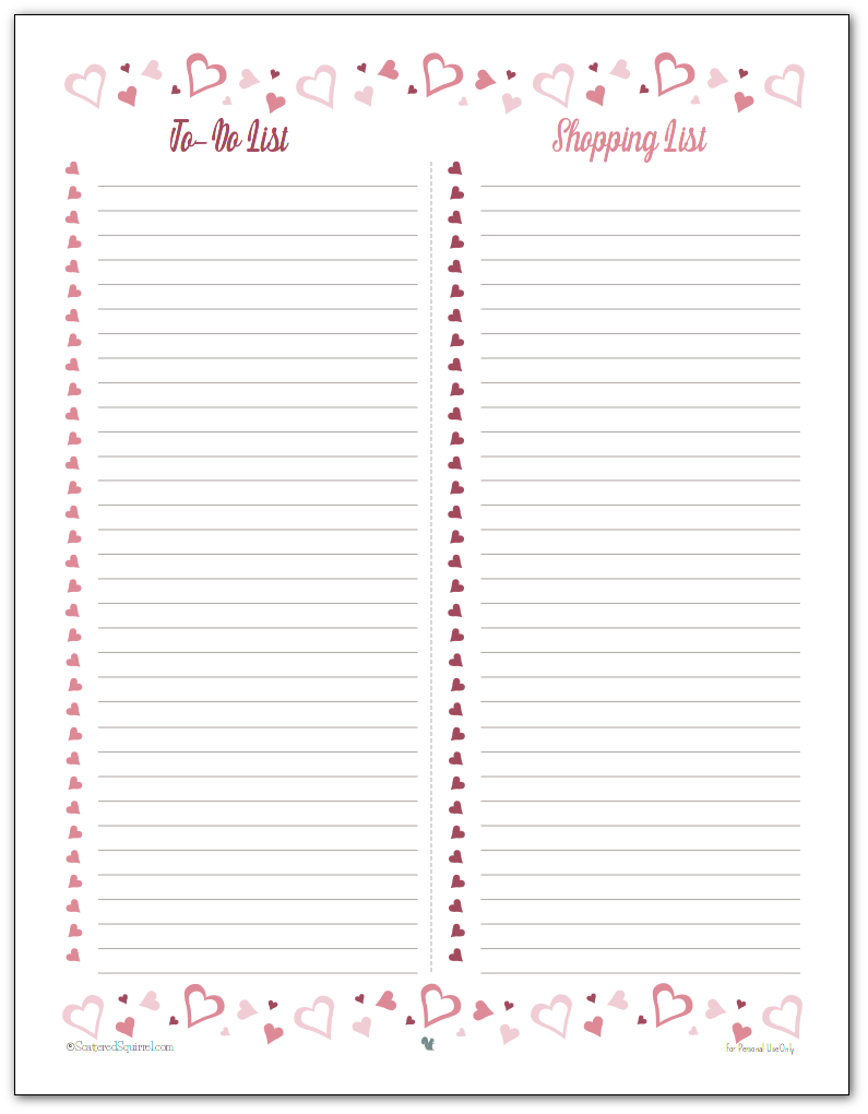 Valentine's Day planner printables, Valentine's Day list printables