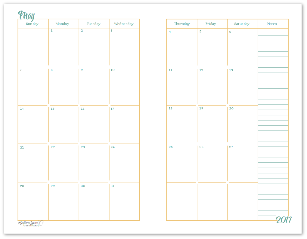 2017 Half Size Monthly Calendar Printables