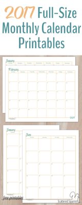 These 2017 Dated Monthly Calendar printables will come in handy if you have some long term planning to do. Two different sets feature calendars in full-size (US Letter paper) one is a single page per month layout, the other is a two page per month layout, to fit your planning needs.