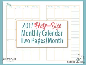 2017 Half-Size Monthly Calendar Printables