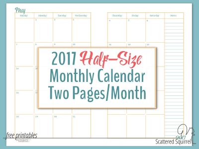 2017 Half-Size Monthly Calendar printable - each month is spread across 2 half-size pages to maximize writing space. Each month prints on one US letter size page. Cut in half to create two half-size pages.