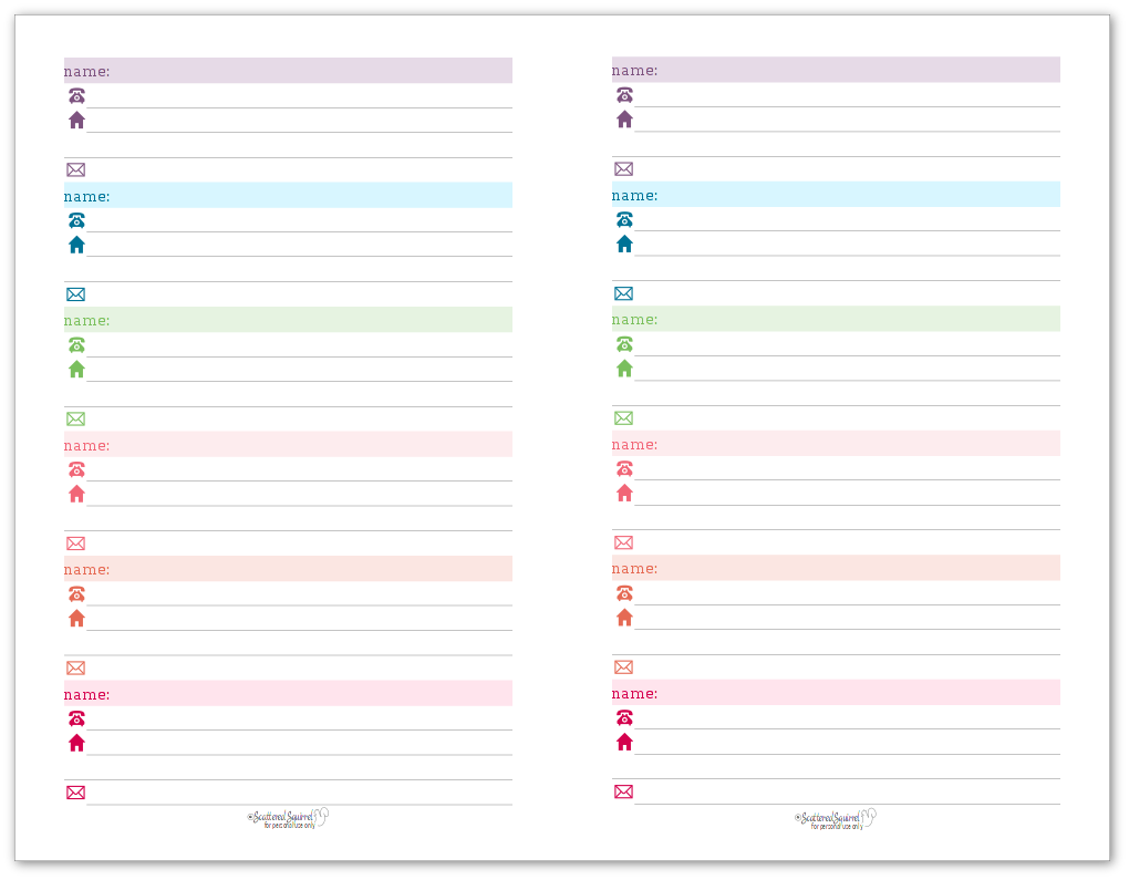 Free Printable Half Size Planner Contacts Pages