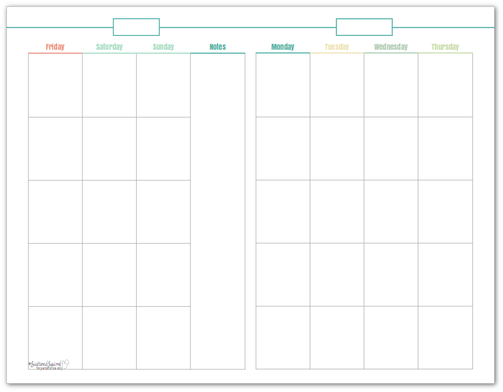 Half-size, undated monthly calendar, in turquoise. This printable makes a great option for planning content.