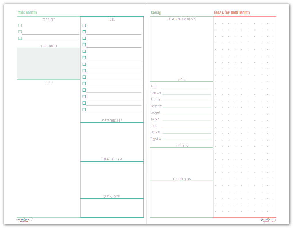 This half-size monthly blog planner allows you to plan your goals and to-dos for the month on one page, and reflect and recap what happened that month on the other.