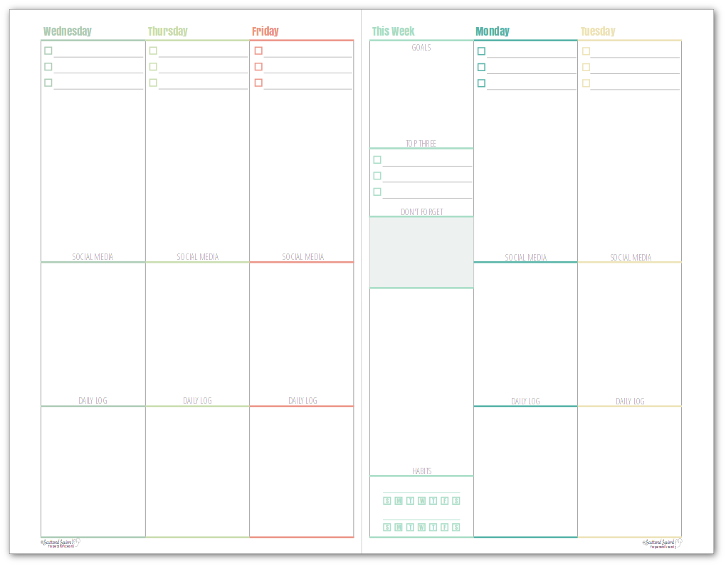 This weekly half-size blog planner allows you set goals for each week. Each day has room for your top three prioritized tasks, space to plan your work day, social media shares, as well as keep a daily log of things you don't want to forget.