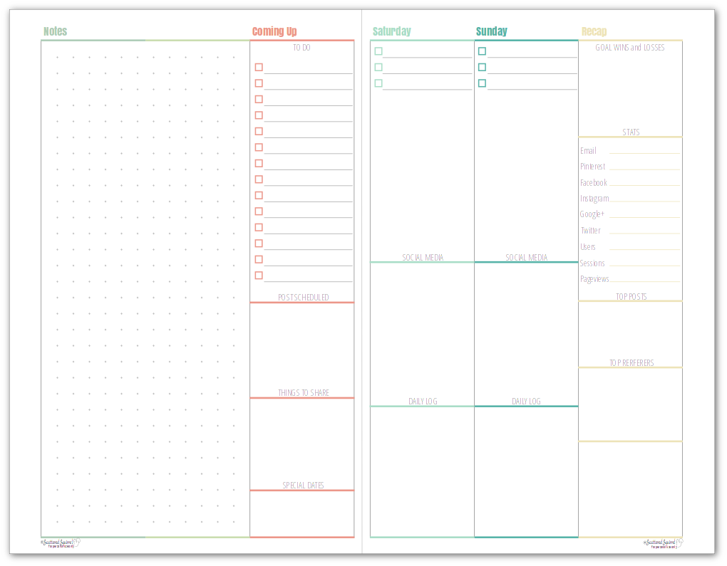 This is the second page of the half-size weekly blog planner. There is room to recap your week, track your stats and plan ahead for the coming week.