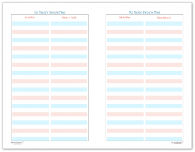 Half-Size Version of the Favourite Meals List Printable