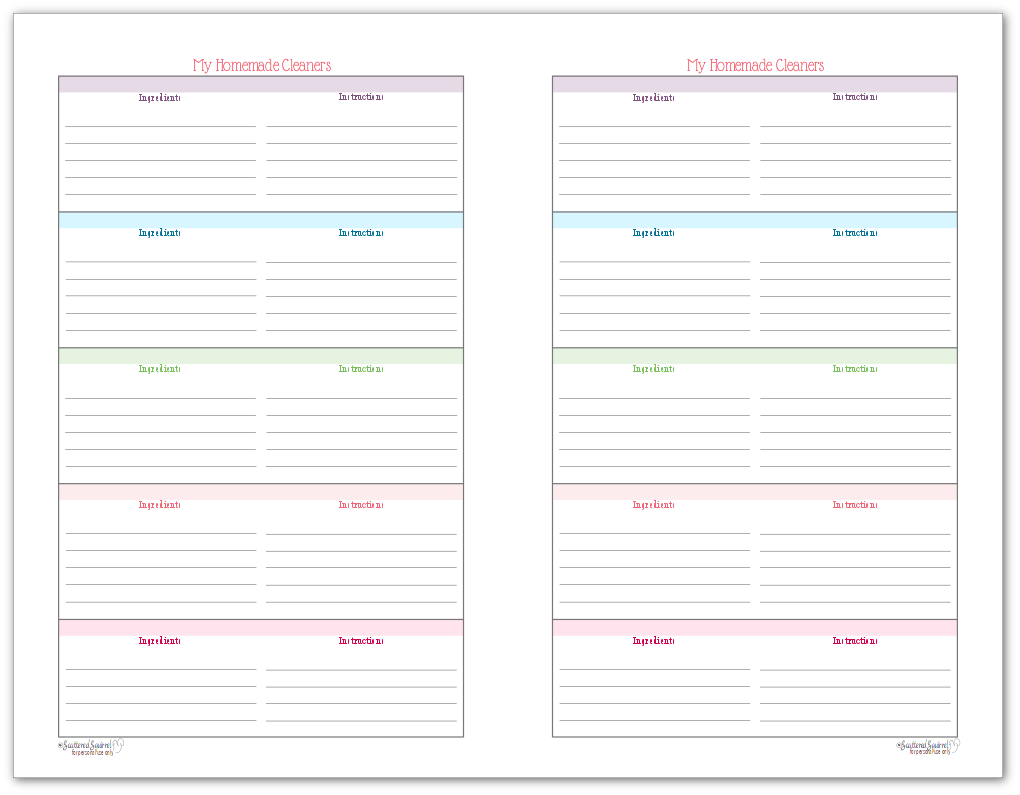 Half-size version of the homemade cleaners printable.