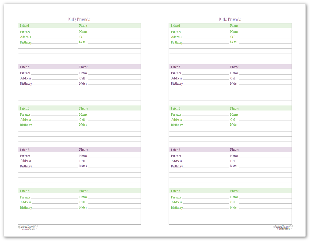 Half-Size version of Kid's Friends Address Book Printable