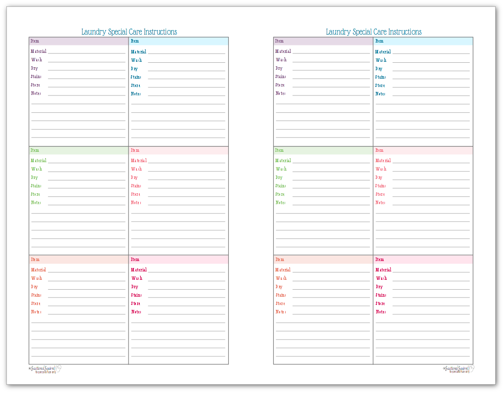 Half-Size version of the Laundry Special Care Instructions printable is a great place to keep track of those items that require special treatment in the laundry.