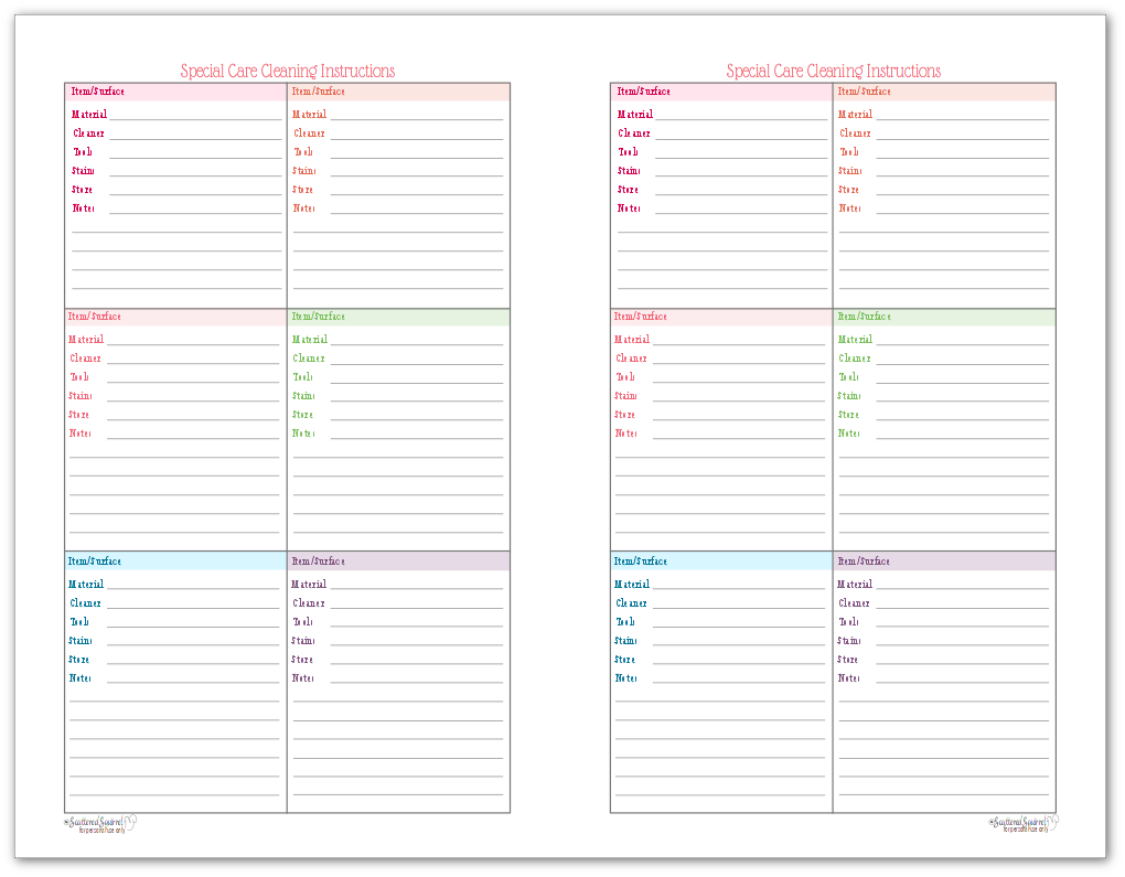 Half-Size version of the Special Care Cleaning Printable - keep track of how to care for specialty items and finishes in your home