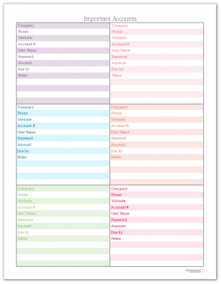 Important Accounts for the Home Printable for Home Management Binders