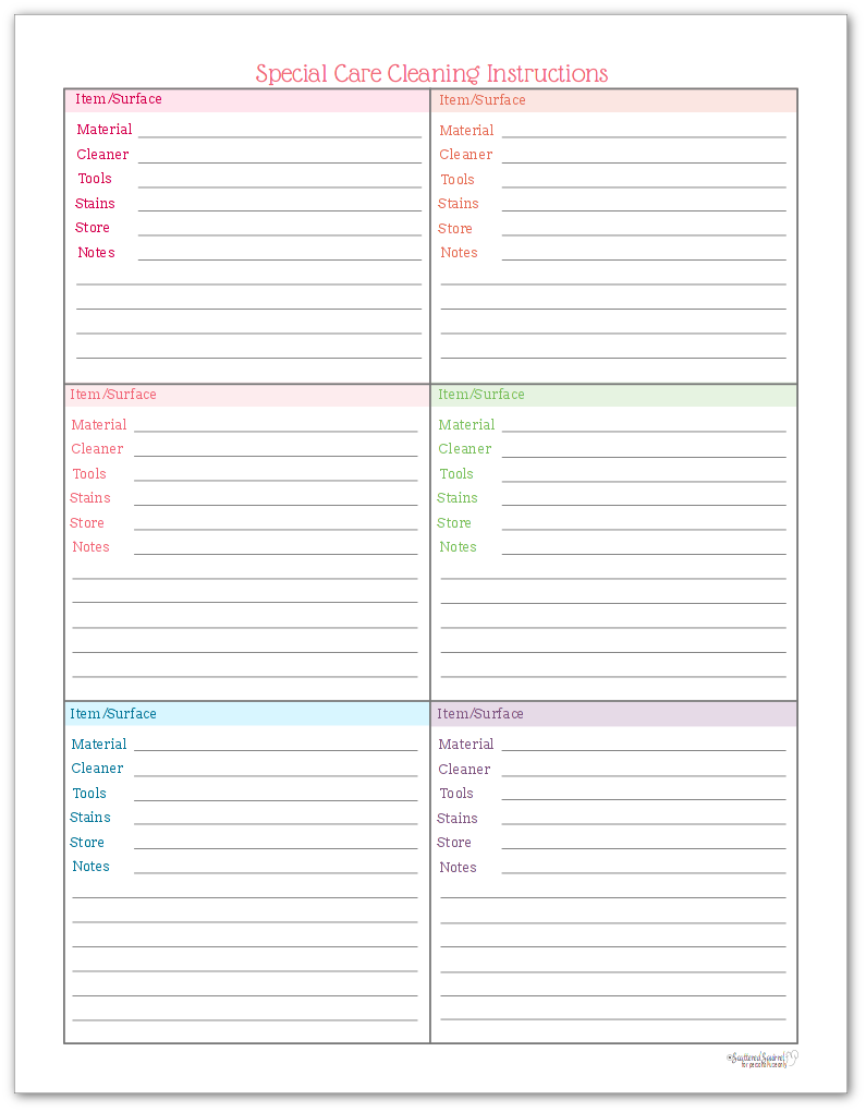 Special Care Cleaning Printable - keep track of how to care for specialty items and finishes in your home