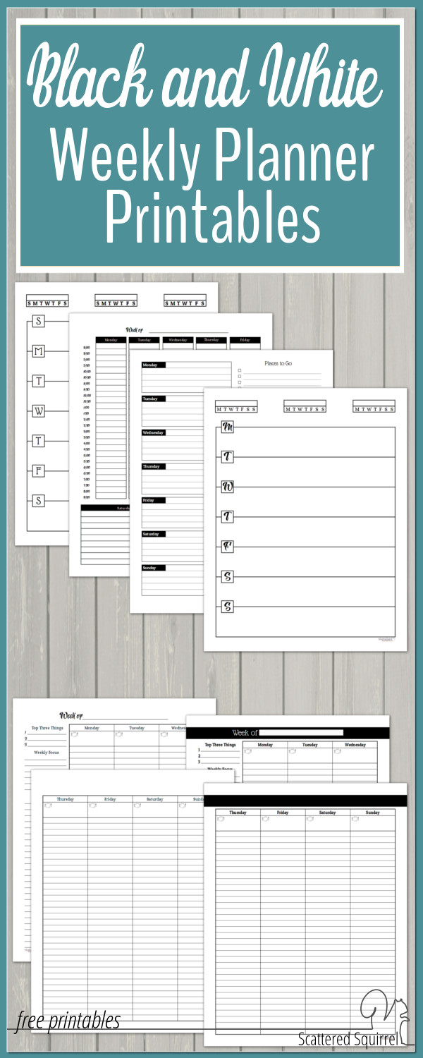 free black and white weekly planner printables