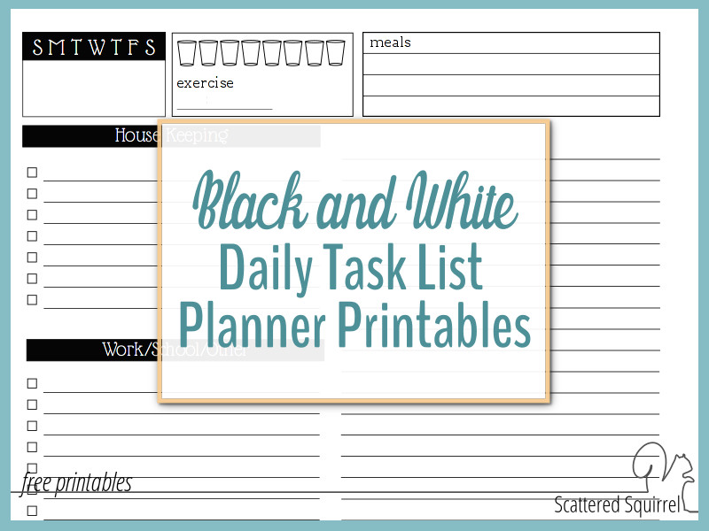 Black and White Daily Task List Planner Printables