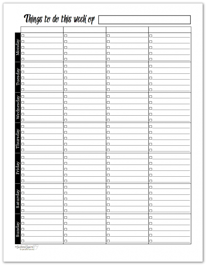 Black and White Version of the Sunshine Skies Horizontal Weekly To-Do List Planner