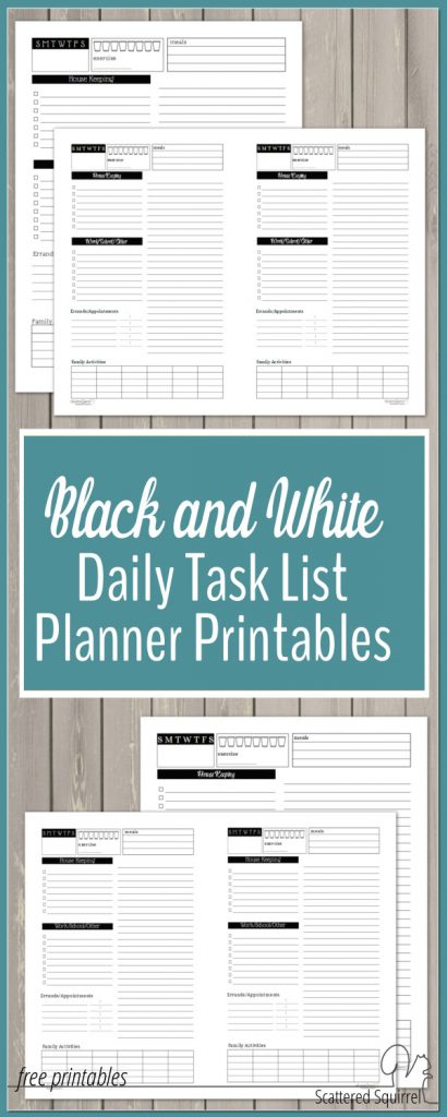 Black and White Daily Task List Planner Printables