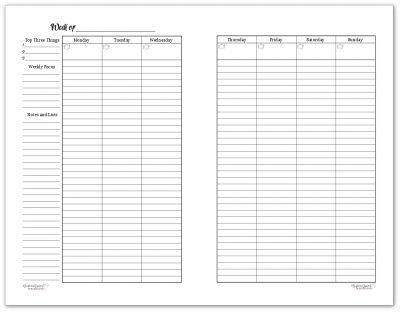 Half Size Black and White version of the Sunshine Skies 2 Page Weekly Planner