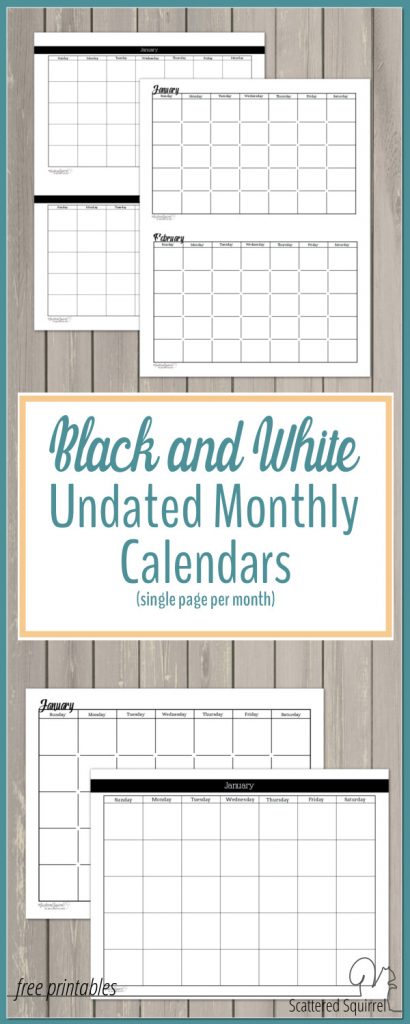 Free Black and White Undated Monthly Calendar Printables - Scattered ...
