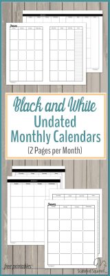 These undated black and white calendars are stretched across two pages and offer alot of planning room. Perfect for those who have a lot to plan or like to write large.
