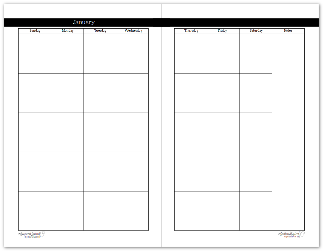 Undated Black and White Calendars Featuring Two Pages Per Month