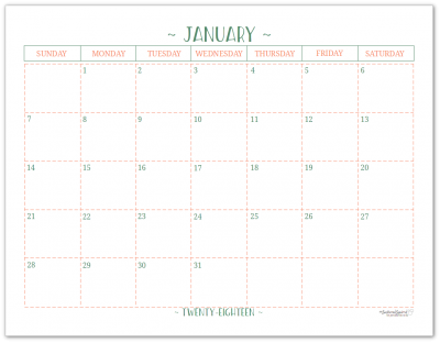 2018 Dated Monthly Calendar - Single Page Per Month