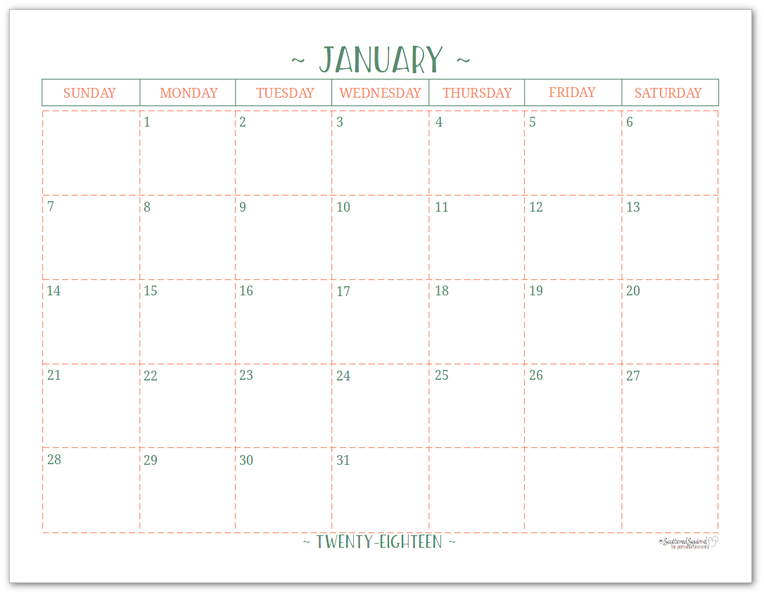 2018 Dated Monthly Calendar - Single Page Per Month