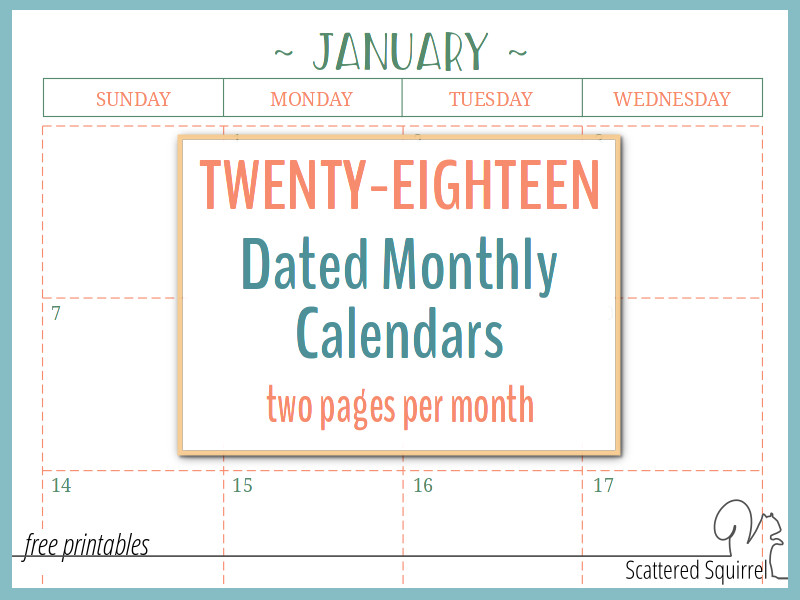 These 2018 dated calendars feature two pages per month in portrait layout.