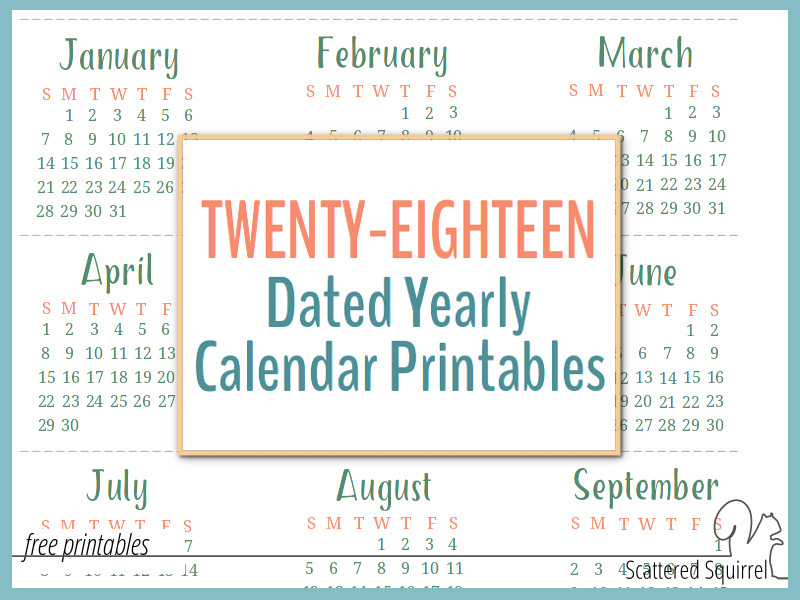 2018 Dated Yearly Calendar Printables