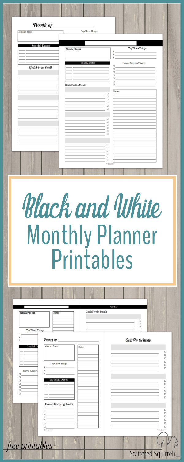 Black and white monthly planner printables make color coding your plans a breeze. They're ink friendly and can easily be dressed up with your favourite stickers and washi.