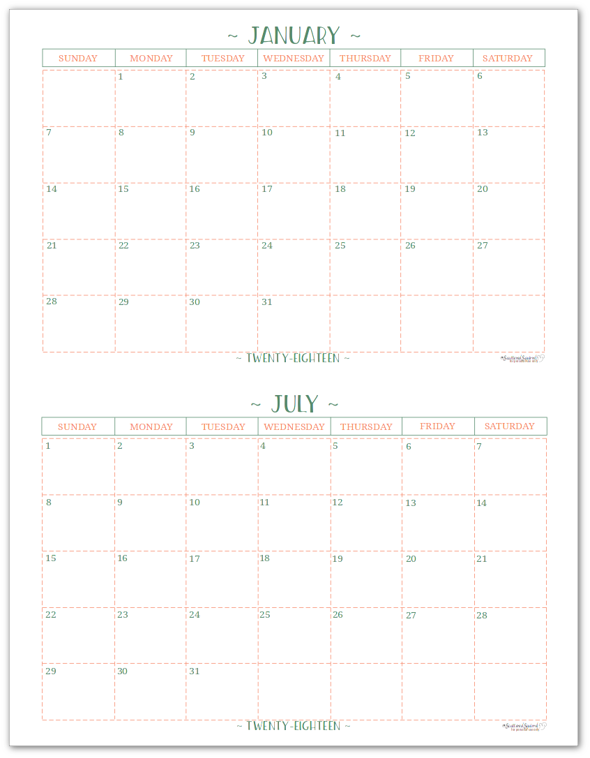 Half-Size - 2018 Dated Monthly Calendar - Single Page Per Month