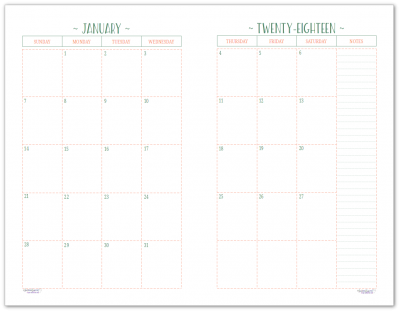 Half-Size 2018 Dated Monthly Calendar - Two Pages Per Month