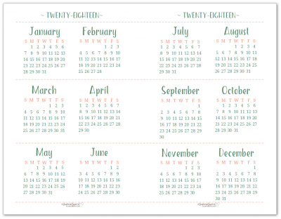 Half-Size, or Half Page 2018 Dated Yearly Calendar Printable