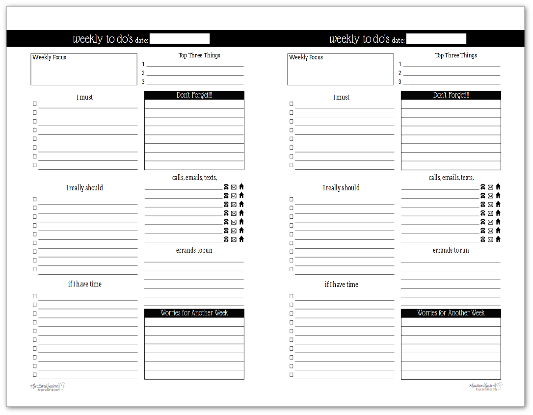 Black and White Weekly To-Do List Printables