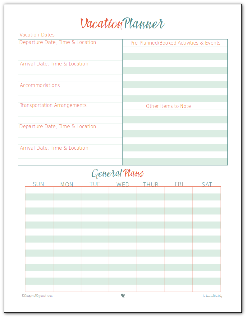 Vacation Trip Planner Template from scatteredsquirrel.com
