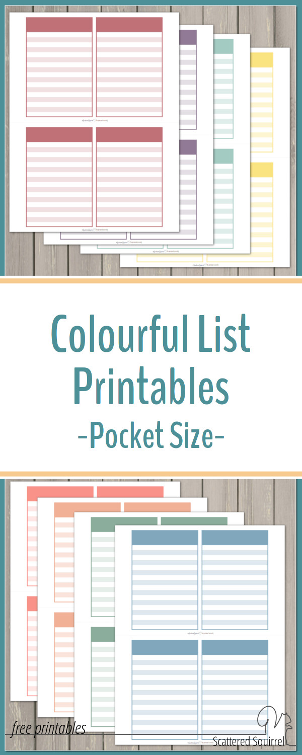 Colourful list printables can be used for lists, notes, project planning, goal setting, and anything else you can think of. Cut them out and stick in your planner, or follow the instructions in the post to turn them into a pocket sized notebook.