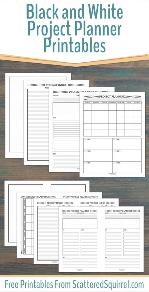 black and white project planner printables scattered