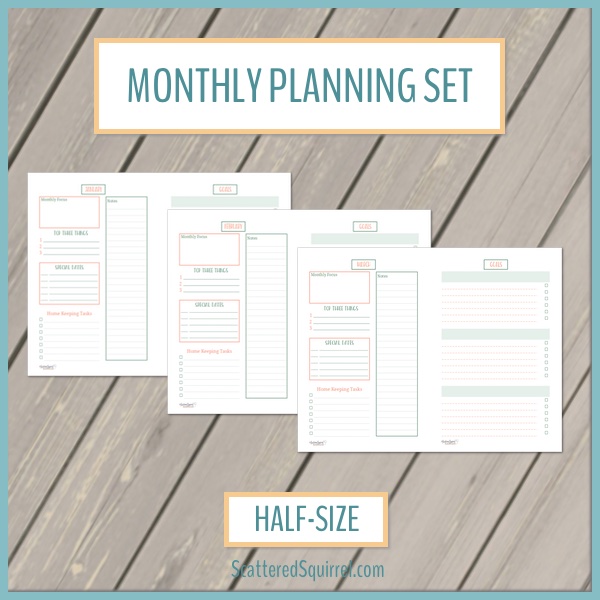 This printable sets features two half-size planning pages for each month. Choose a focus, set your goals and track special dates and tasks for each month.