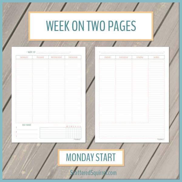 This printable set is a two page weekly layout with vertical columns. The week starts on Monday and the pages include room for your planning as well as a habit tracker and notes section.